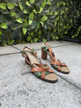 Women’s Brown and Green Leather Strappy Block Heel Sandals